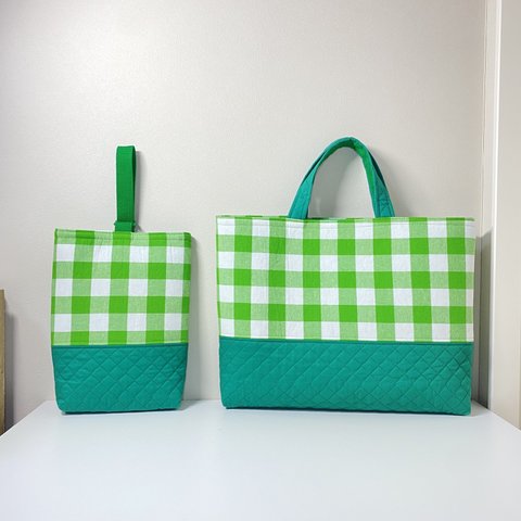 【お名前刺繍無料サービス】〈２点セット〉ギンガムチェック柄★ レッスンバッグ・シューズケース