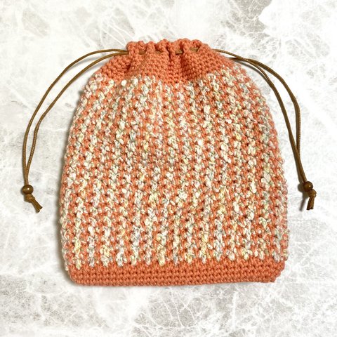 ぺたんこ 手編み ミニ巾着 ミニポーチ お守り袋 ◆ オレンジ パステル