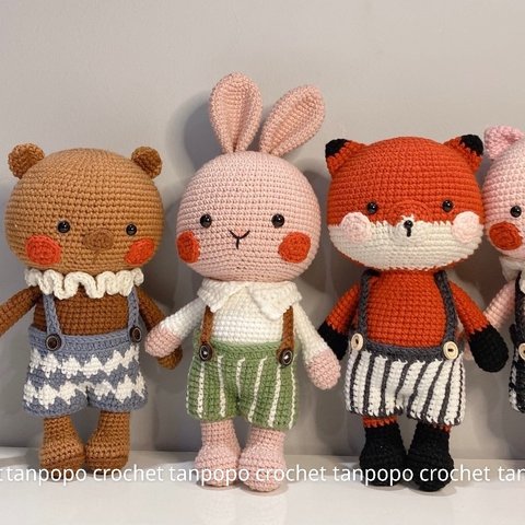 編みぐるみオーガニック コットン熊、豚、うさぎ、狐セット人形(4体)