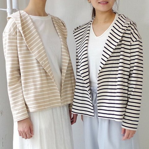 ＜SALE 50% OFF＞ ゆったりフード付きボーダーカーディガン (beige × off white)