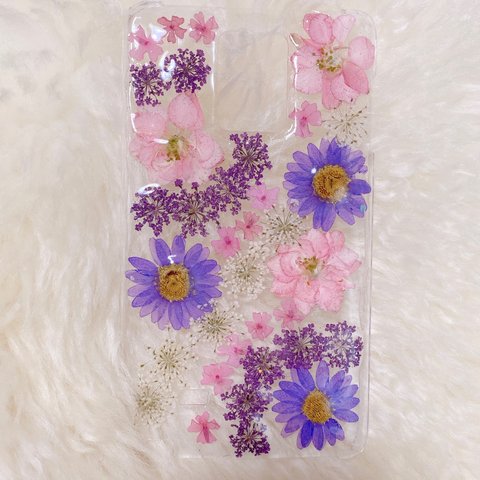 【全機種対応】pink×purple押し花スマホケース　iPhoneからAndroidらくらくフォンまで全て対応できます