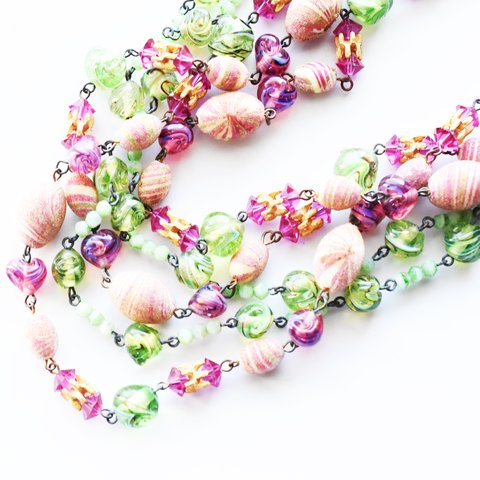 Vintage　1950’s 　5 consecutive　glass×beads pink×green gorgeous　necklace