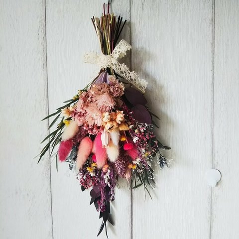 スワッグ　ドライフラワー　プリザーブドフラワー　アンティークピンク　花束　幸福を呼ぶ　インテリア雑貨　壁飾り　大人可愛い　お祝い・お誕生日プレゼント　
