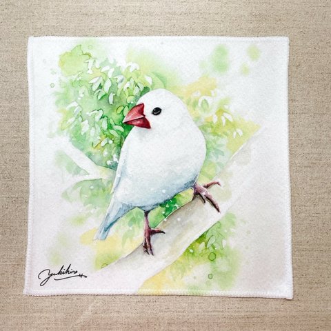 ハンドタオル　白文鳥「新緑のさえずり」