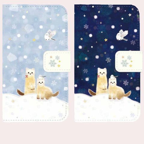 手帳型スマホケース⭐︎テンとシマエナガと雪景色⭐︎送料無料