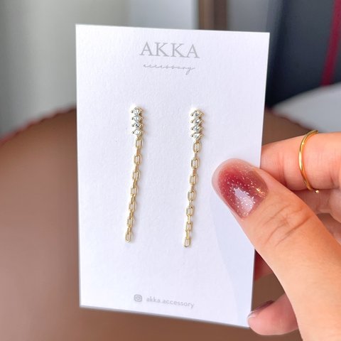  14kgp◆bijou chain design  mini earring ビジューとチェーンデザインのミニ樹脂イヤリング　樹脂ピアス金属アレルギーノンホールピアス上品おしゃれ高見え高品質