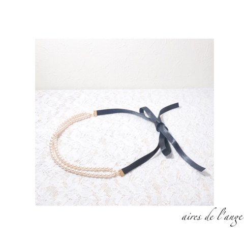no.500 - pearl ribbon necklace & wood heart pi/ea
