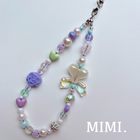 ビーズストラップ💜スマホストラップ🤍ハンドストラップ🟣パープル ミントグリーン🌱リボンハート🎀¨̮*/MIMI. 