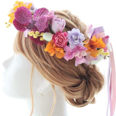 花冠　花かんむり　カラフル　胡蝶蘭　ミモザ　ローズ　羽　派手　個性的　ウェディング　ブライダル　髪飾り