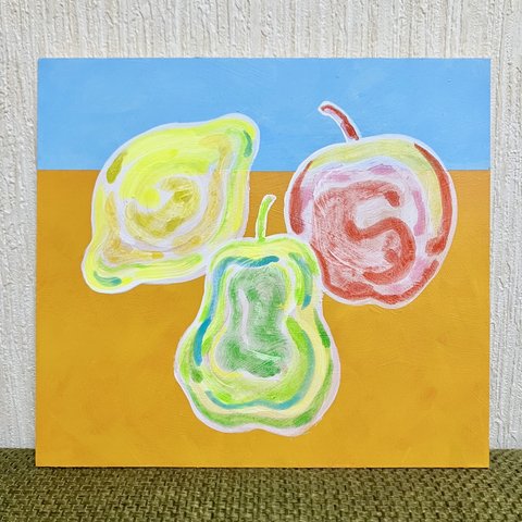 「卓上のフルーツ」レモン、ラフランス、りんご　絵画