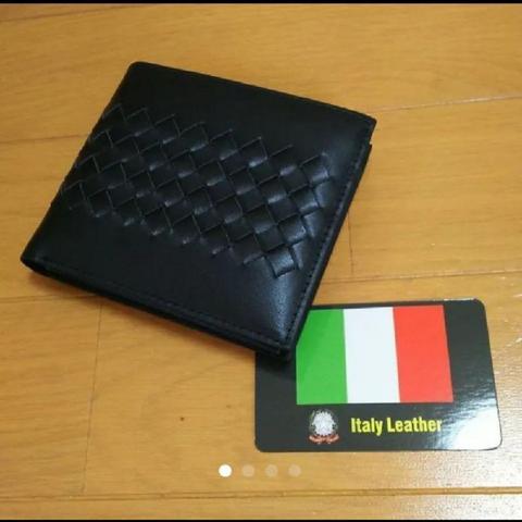 ITALY レザー 牛革 2つ折り 短財布 大容量 軽量 黒 メンズ レディース