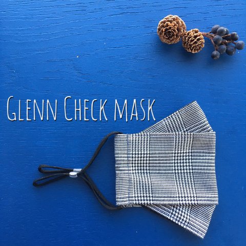 glen check mask   舟形マスク　黒平ゴム　マスクアジャスター付き　西村大臣マスク　　　選べる裏地接触冷感麻　 ニシムラ大臣マスク