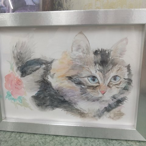 水彩画 フォトフレーム付き 原画 猫の絵