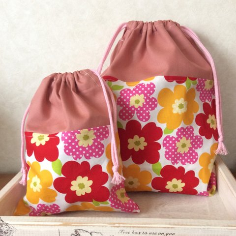 【販売終了】ピンク花柄☆きんちゃく袋2枚セット
