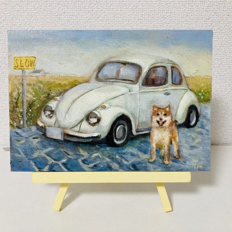 【油絵作品】柴犬とクラシックカー