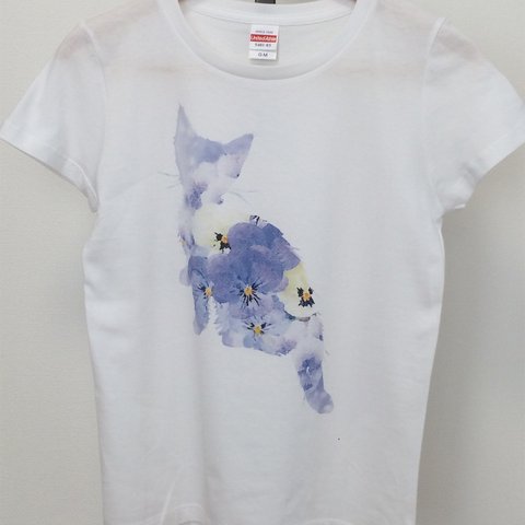 再入荷　可愛い子猫とパンジーＴシャツ　青　受注制作