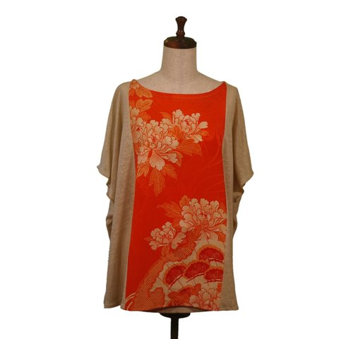 和服リメイク·牡丹模様オレンジ色·フレンチスリーブTシャツ　BOTAN×TOPS