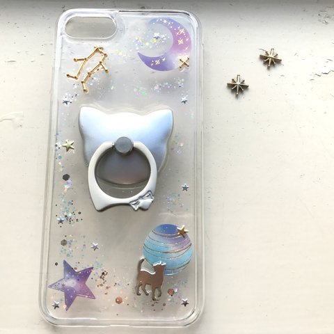 『選べる12星座』ねこ座を探して~ 宇宙 猫 選べる スマホリング スマホケース GALAXY/Xperia iPhone ケース