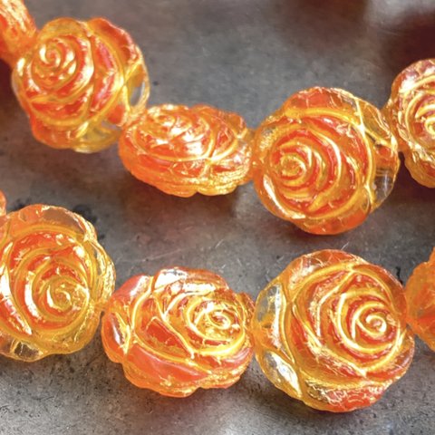 【4コセット】JIRI＊IVANA #czech beads#チェコビーズRose14㎜ marble crystal＊mandarin orange/yellow