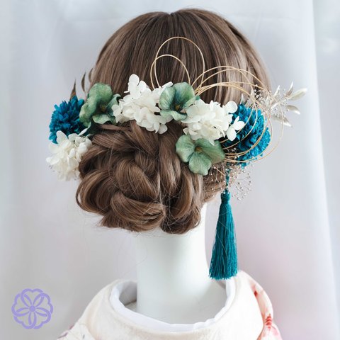 ターコイズブルーとモスグリーンの髪飾り　成人式　振袖　着物　結婚式　和装ヘアアクセサリー