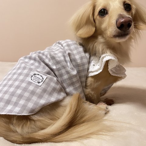 犬服★ ティアードスリーブワンピ　ギンガムチェック　ライトグレー【再販】ダックス　チワワ　小型犬