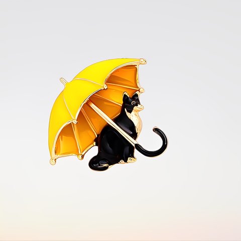 H2370 【動物】 上品 黄色傘＆黒猫 2WAY ペンダントトップ兼ブローチ