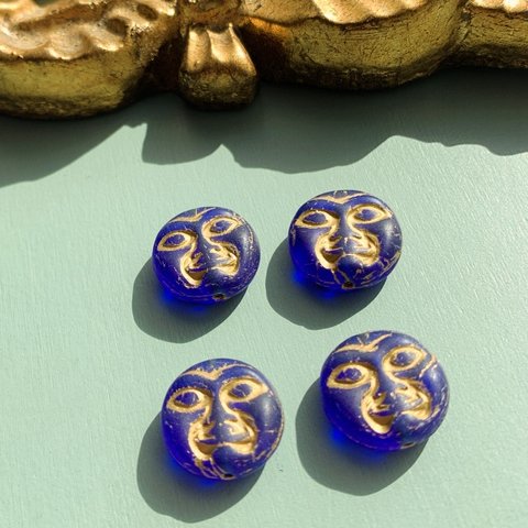 【4コセット】JIRI＊IVANA#czech beads#チェコビーズ　moonface cobalt blue/ bronze