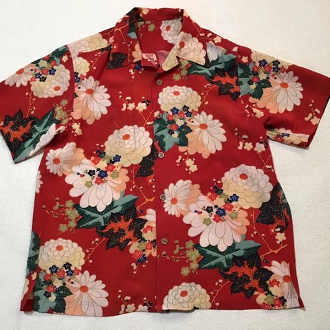 着物リメイクアロハ　春の花　大輪Men's Msize