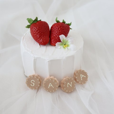 シンプル♡いちごのミニクレイケーキandお名前ビスケット☆1歳誕生日　手持ちケーキ　誕生日ケーキ　自宅撮影　1歳以外でも承ってます♪