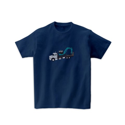 車Tシャツ-フラットベッドトラックとショベルカー（メトロブルー）