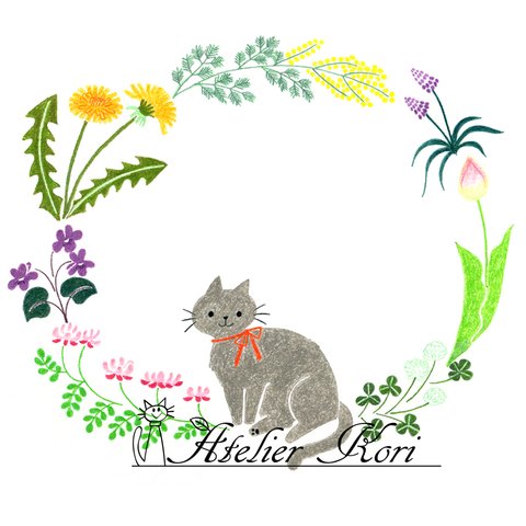 四季の草花と猫　4枚セット（額付き複製イラスト）