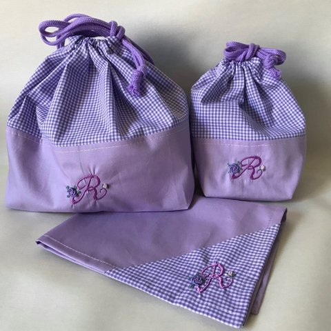 Rイニシャル刺繍入り♪ランチ３点セット・・・パープル・・・