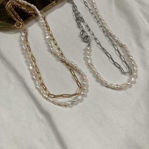 ーlong pearl chain necklaceー　サージカルステンレス　パールネックレス　バロックパール　オケージョンコーデ　オケージョン　チェーンネックレス　ロングネックレス