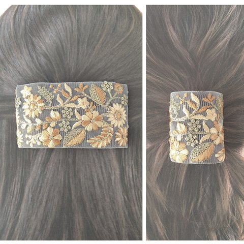 便利な インド刺繍 幅広 リボン ポニーフック ヘアアクセサリー 髪飾り EU-21