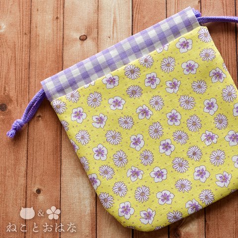 ちびころ巾着３：紫のお花柄　小さな巾着（裏地つき）