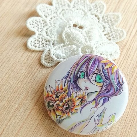 イラスト缶バッチ(向日葵)　38mm　アナログイラスト