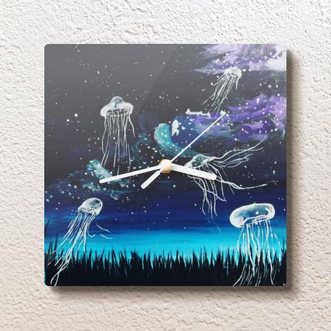 【送料無料】掛け時計　オリジナルおしゃれデザイン手書きプリント　夜空に浮かぶクラゲ C002