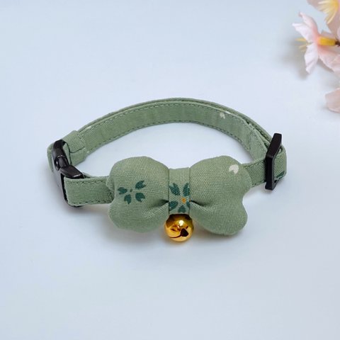 [ ぷっくり桜の花びらリボン × 黄緑 ]  猫　首輪　猫用首輪