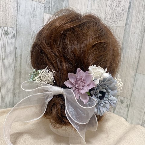 ［85］【限定1セット】オーガンジーリボン×くすみブルー　　成人式　結婚式　卒業式　ウェディング　七五三