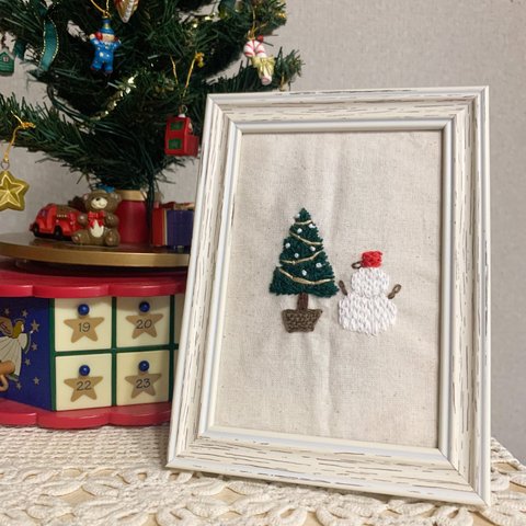 【クリスマス】刺繍フレーム　ツリーと雪だるま