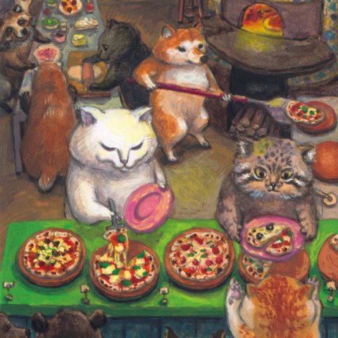113. カマノレイコ　猫ポストカード２枚組　「ピザ屋さん」