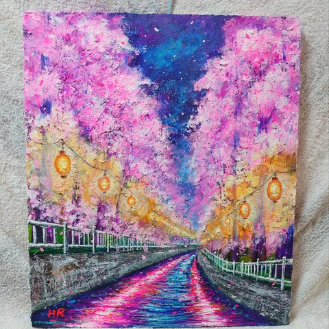 油絵  横河川の夜桜