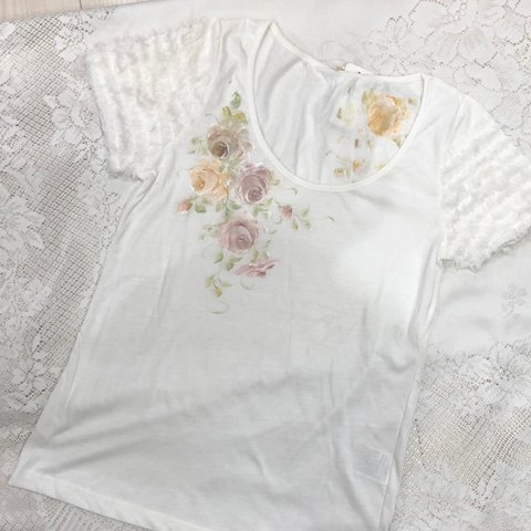 手描きTシャツMサイズフリルホワイト