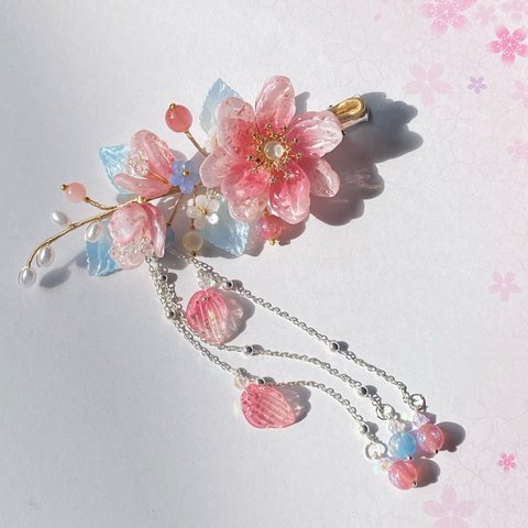 桃の花の八重咲き　下がり付きヘアクリップ