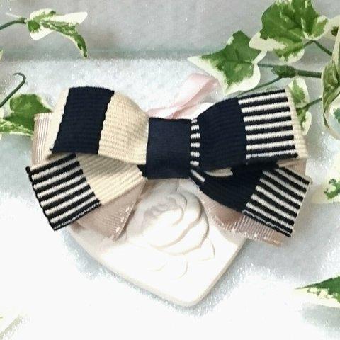 【送料込み】candy❇stripe blade(navy)リボンバレッタ    