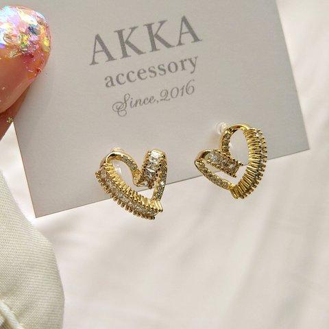 14kgp◆Twist heart earrings   ツイストハートビジューイヤリング樹脂イヤリング樹脂ピアスノンホールピアス金属アレルギー可愛い