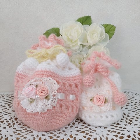 ♪手編み巾着2点セット 小物入れ ピンク&白 バラ レース リボン
