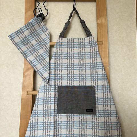 【New!】【130】チェックブルー☆子供 キッズ エプロン&三角巾