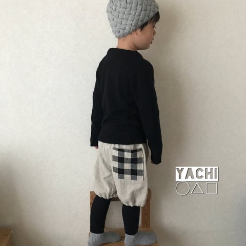 ハーフリネン長め子供ナチュラルかぼちゃパンツ■チェックポケット付き