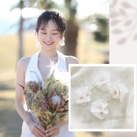 38.花嫁様に♪シフォンフラワーストレートピアスイヤリング結婚式